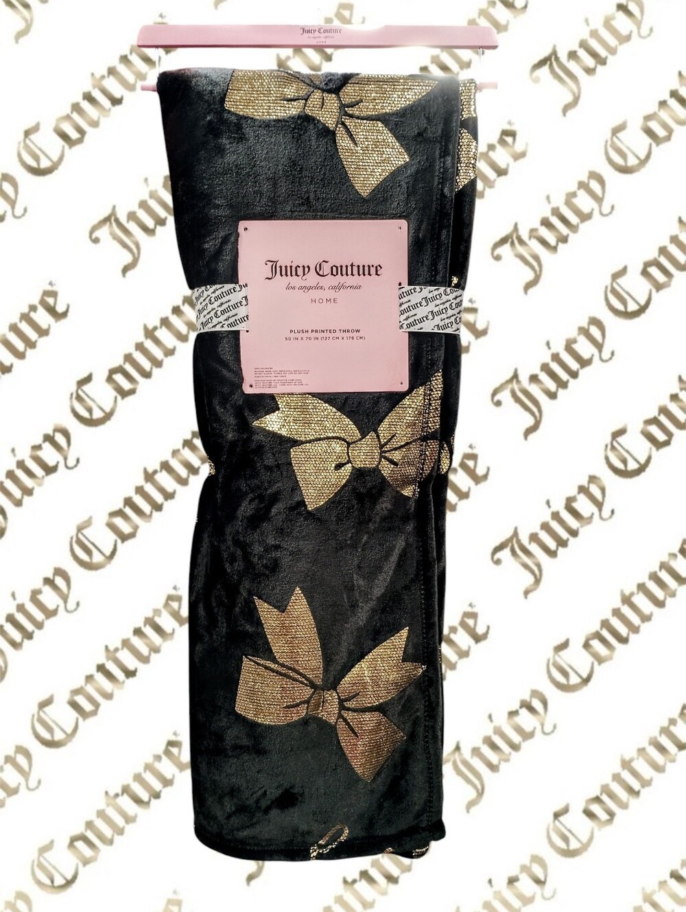 *🖤Juicy Couture🖤* Black Velvet Blanket JUICY LOGOS + Gold Bows💛🎀